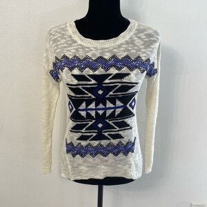 Cream Long Sleeve GB Girls Knit Sweater with Navy and Black Geometric Design XL